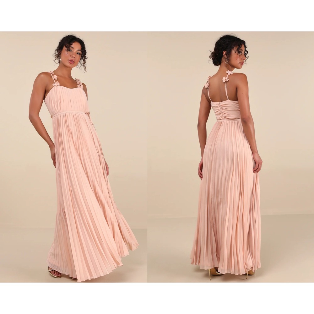 Lulus Hera Blush Pleated Floral Applique Maxi Dress Size Medium